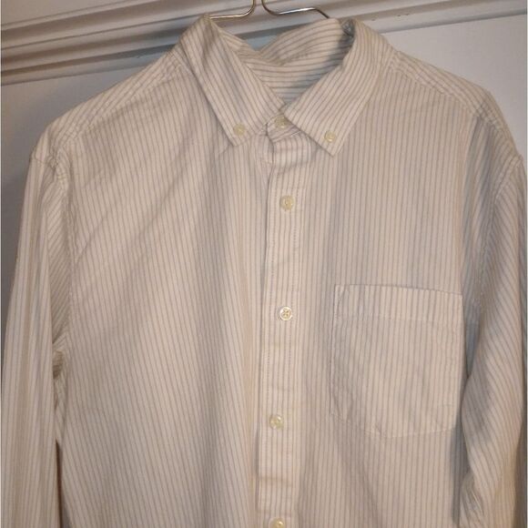 🆕👔Long Sleeve Every Day Wear Button-Down Shirt, Striped Tan/White - Picture 3 of 9